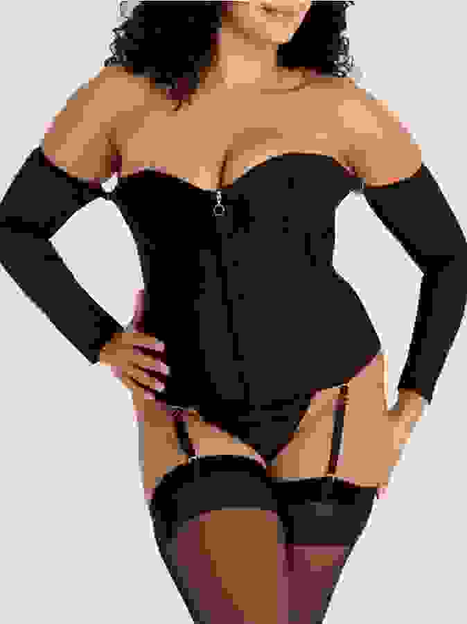 Lovehoney Plus Size Secret Silhouette Black Steel-Boned Long Sleeve Corset, Black, hi-res